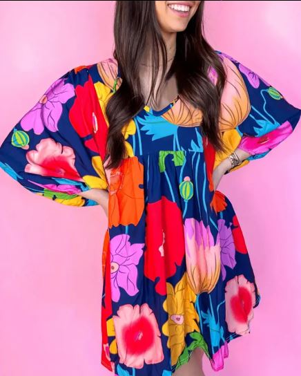 2025 High-Waisted Floral Dress – Lightweight Spring Dress with Five-Minute Sleeves