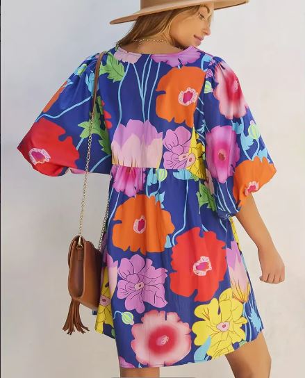 2025 High-Waisted Floral Dress – Lightweight Spring Dress with Five-Minute Sleeves