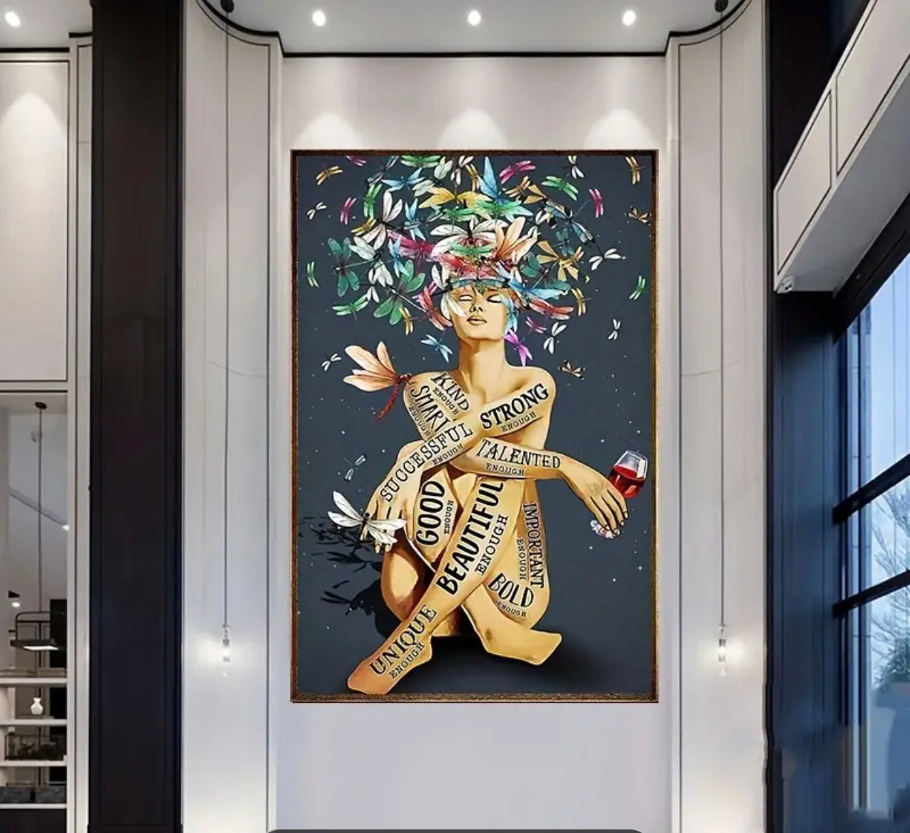 Art Canvas Painting, with Dragonfly, Wine, Tattoo, and Girl.
Painting On Canvas Wall Art - No Frame