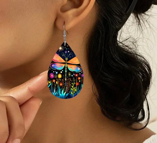 ✨Dazzle and Delight: Introducing Our Colourful Starry Sky Flower Dragonfly Leather Earrings!✨