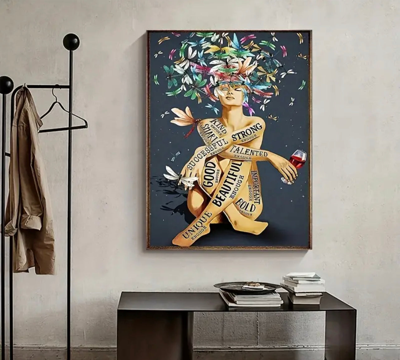 Art Canvas Painting, with Dragonfly, Wine, Tattoo, and Girl.
Painting On Canvas Wall Art - No Frame