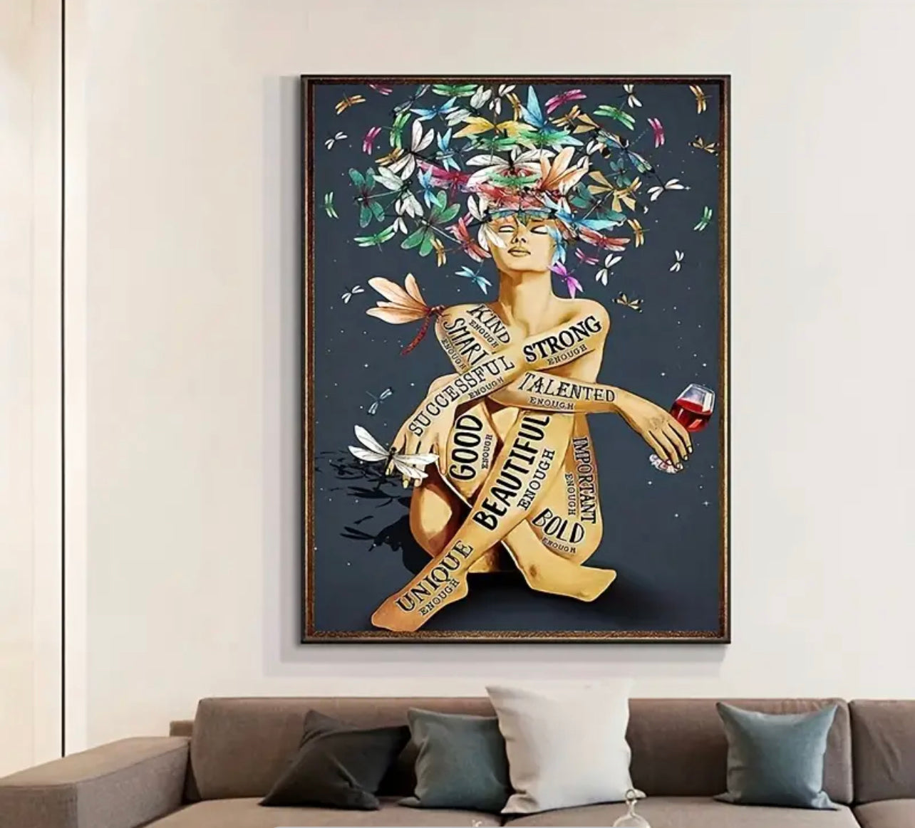 Art Canvas Painting, with Dragonfly, Wine, Tattoo, and Girl.
Painting On Canvas Wall Art - No Frame
