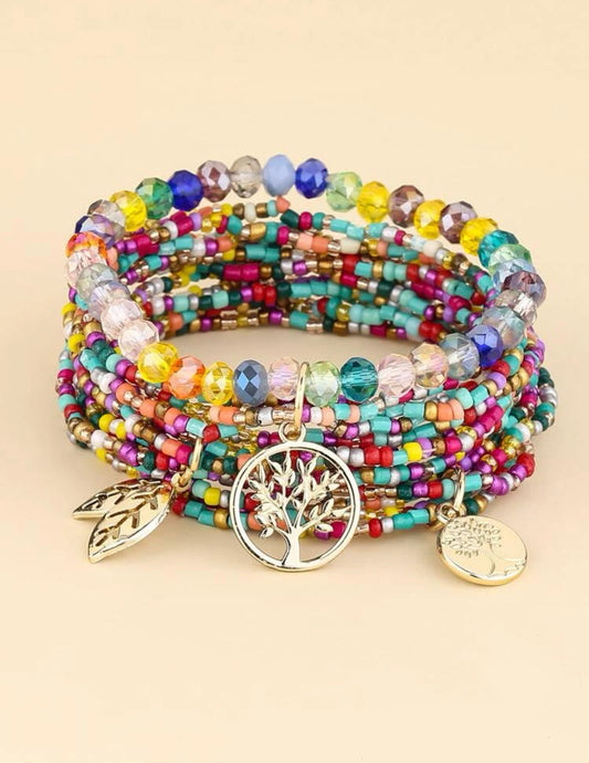 🍃🍂Adorn Your Wrist with Nature's Vibrant Elegance: Introducing Our 3pcs Leaf Charm Colourful Beaded Bracelet Set!🍂🍃