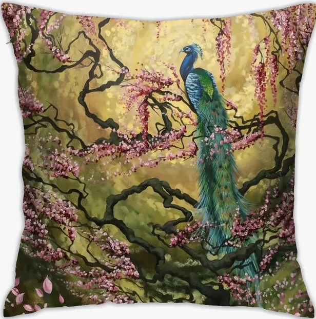 🦚Bloom Beautifully: Peacock & Blossoms Decorative Pillow Cover 🦚