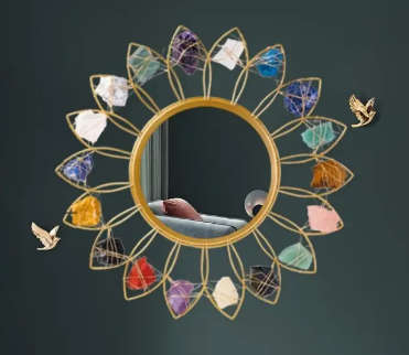 Crystal Sunburst Wall Mirror – 12” Radiant Round Design with Raw Gemstones