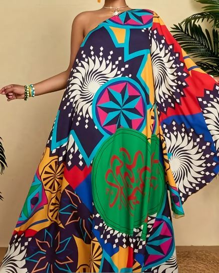 One-Shoulder South African Maxi Dress – Vibrant Starry Sky & Sun Print