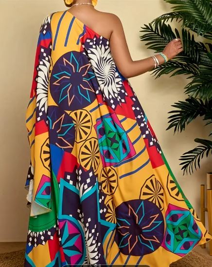 One-Shoulder South African Maxi Dress – Vibrant Starry Sky & Sun Print