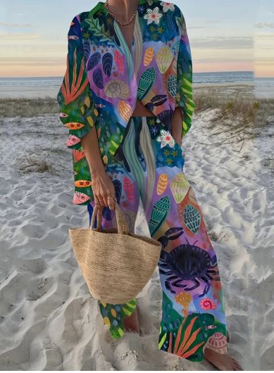 Women's Beach Vacation Style – Color Block Animal Print Blouse & Wide Leg Pants
