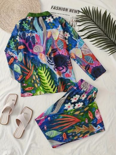 Women's Beach Vacation Style – Color Block Animal Print Blouse & Wide Leg Pants