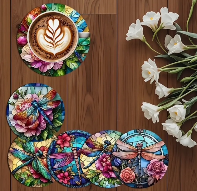 Set of 6 Dragonfly-Inspired Coasters – A Touch of Nature’s Magic