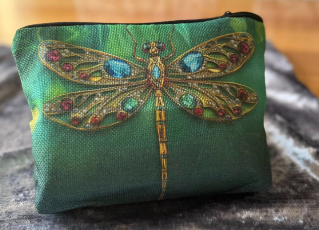 Emerald Sparkle: Chic Green Gem Dragonfly Cosmetic Bag