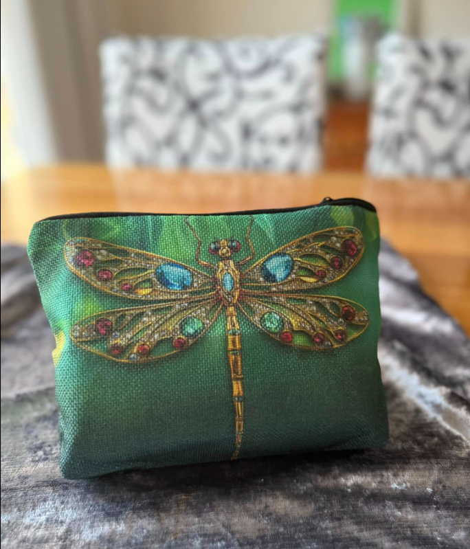 Emerald Sparkle: Chic Green Gem Dragonfly Cosmetic Bag