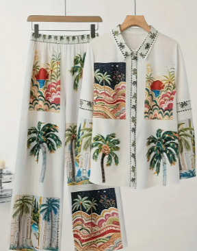 🌸Elegant floral print button-up shirt and pants set! 🌸