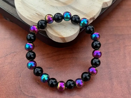✨ Bohemian 8mm Rainbow Obsidian & Black Agate Bead Bracelet – Handmade Unisex Jewelry ✨