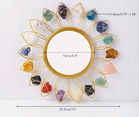 Crystal Sunburst Wall Mirror – 12” Radiant Round Design with Raw Gemstones