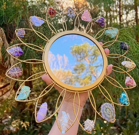 Crystal Sunburst Wall Mirror – 12” Radiant Round Design with Raw Gemstones