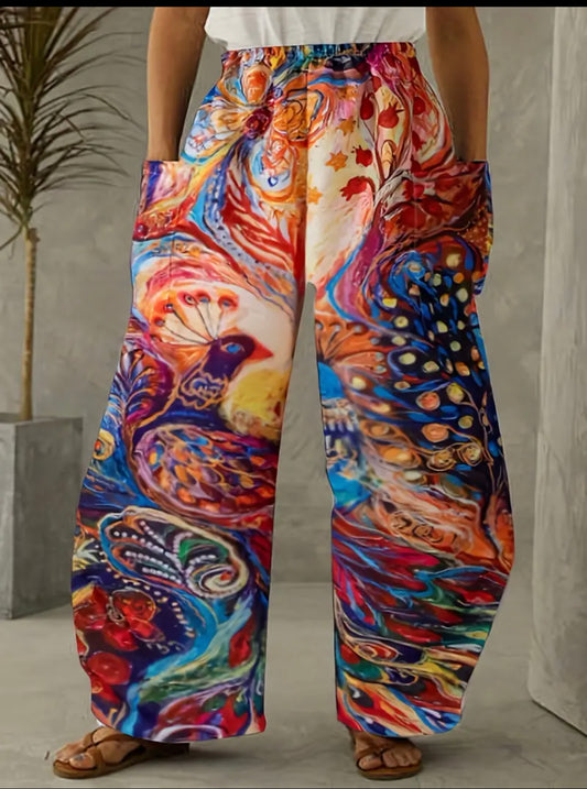 Boho Peacock Print wide leg pants
