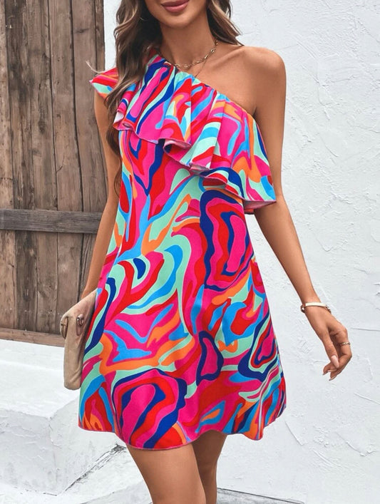 Allover Print One Shoulder Ruffle Trim Dress