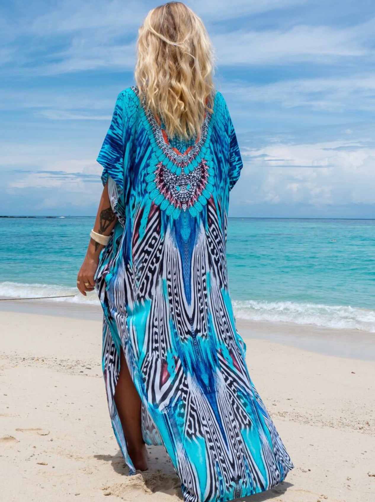 Tropical Print Caftan Batwing Sleeve Split Thigh Cover Up Dress