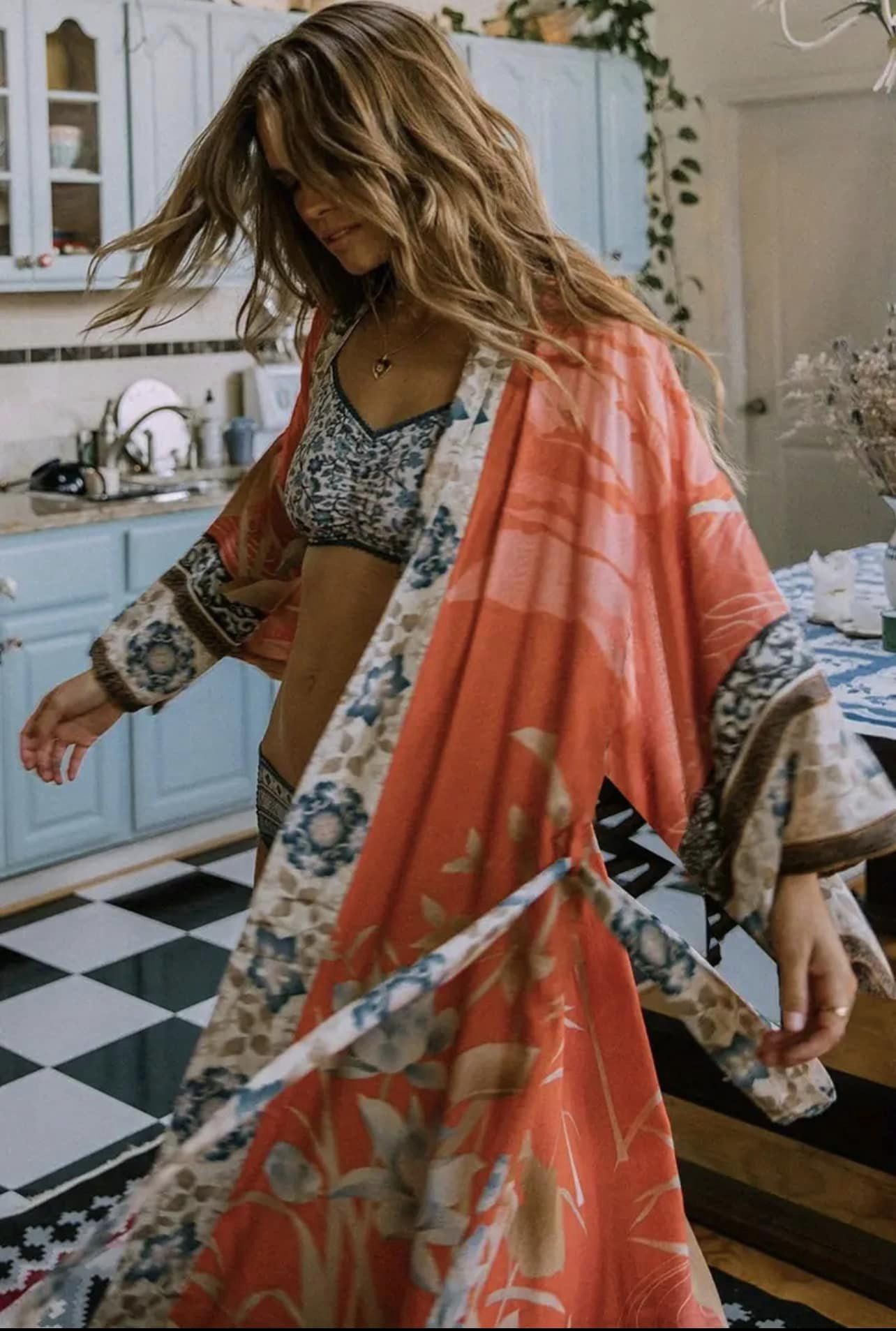 Kimono Cover Up with floral print batwing sleeves