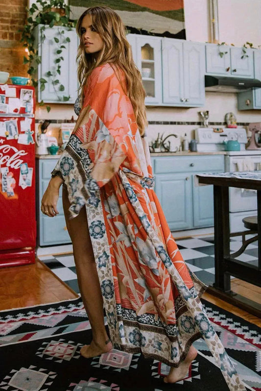 Kimono Cover Up with floral print batwing sleeves