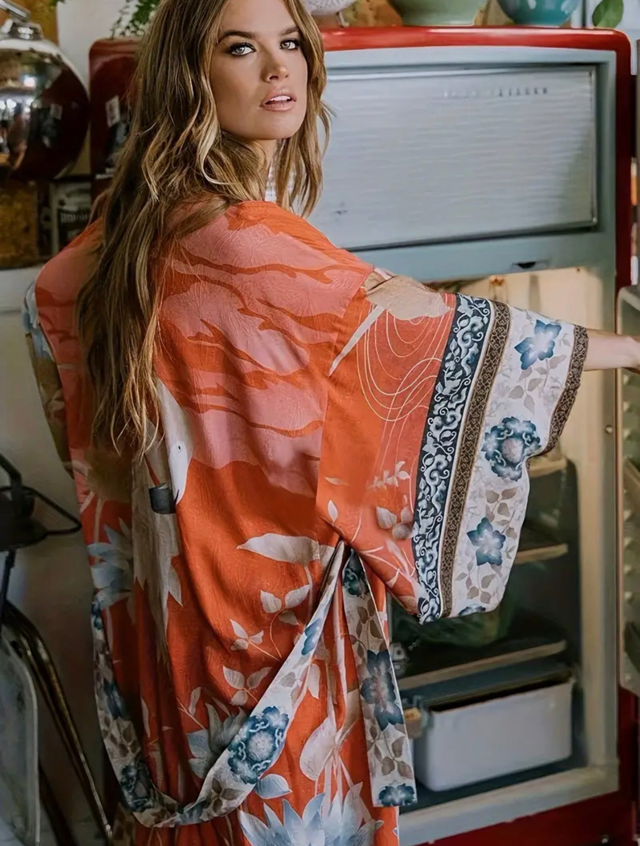 Kimono Cover Up with floral print batwing sleeves