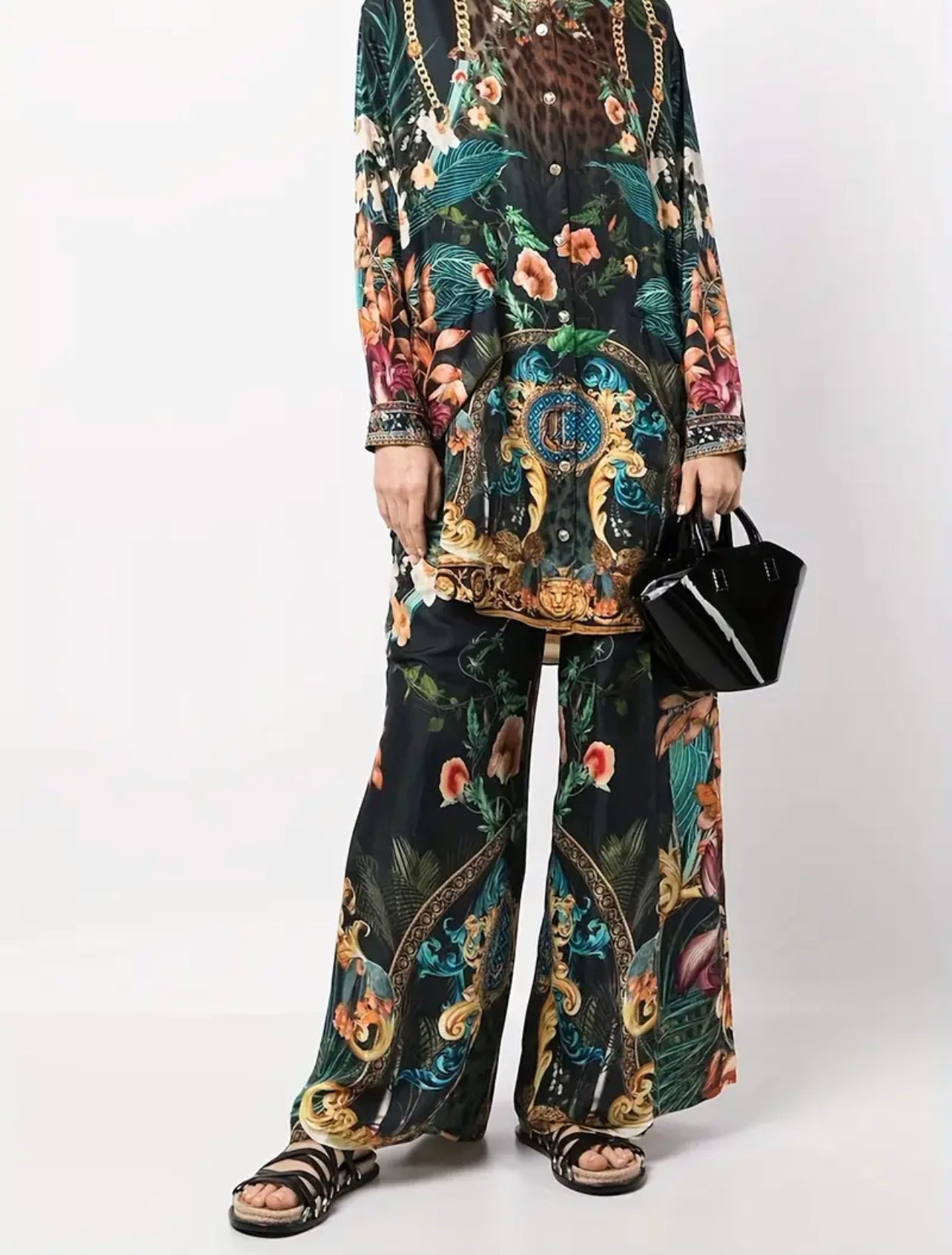 Two-piece Set, Casual Button Front Long Sleeve Shirt & Wide Leg Pants Outfits
