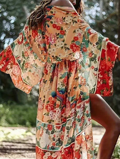 Embrace Summer Style! ☀️ Bohemian Floral Print V-Neck Beach Cover-Up