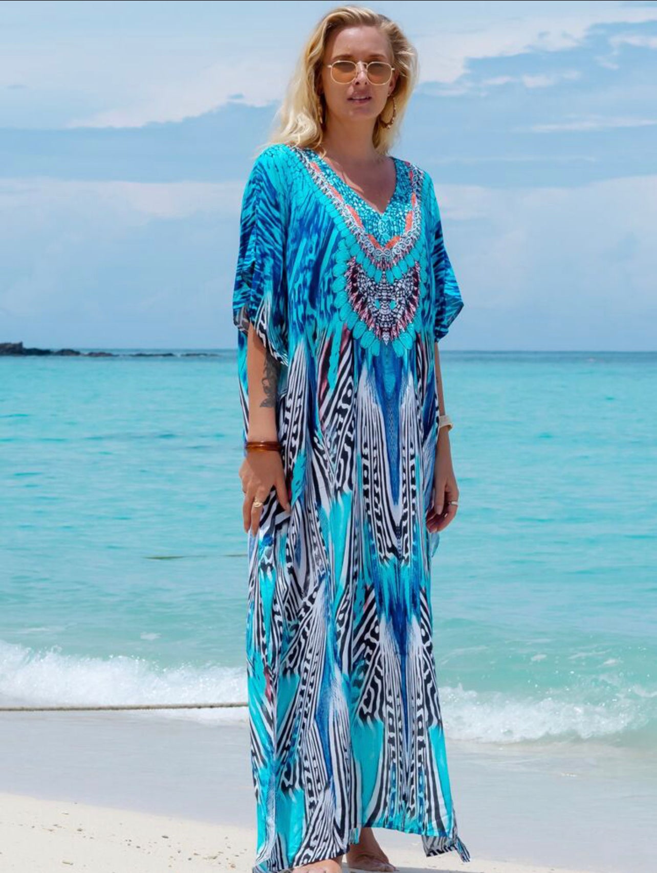 Tropical Print Caftan Batwing Sleeve Split Thigh Cover Up Dress