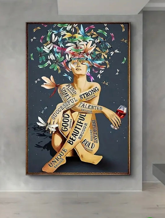 Art Canvas Painting, with Dragonfly, Wine, Tattoo, and Girl.
Painting On Canvas Wall Art - No Frame
