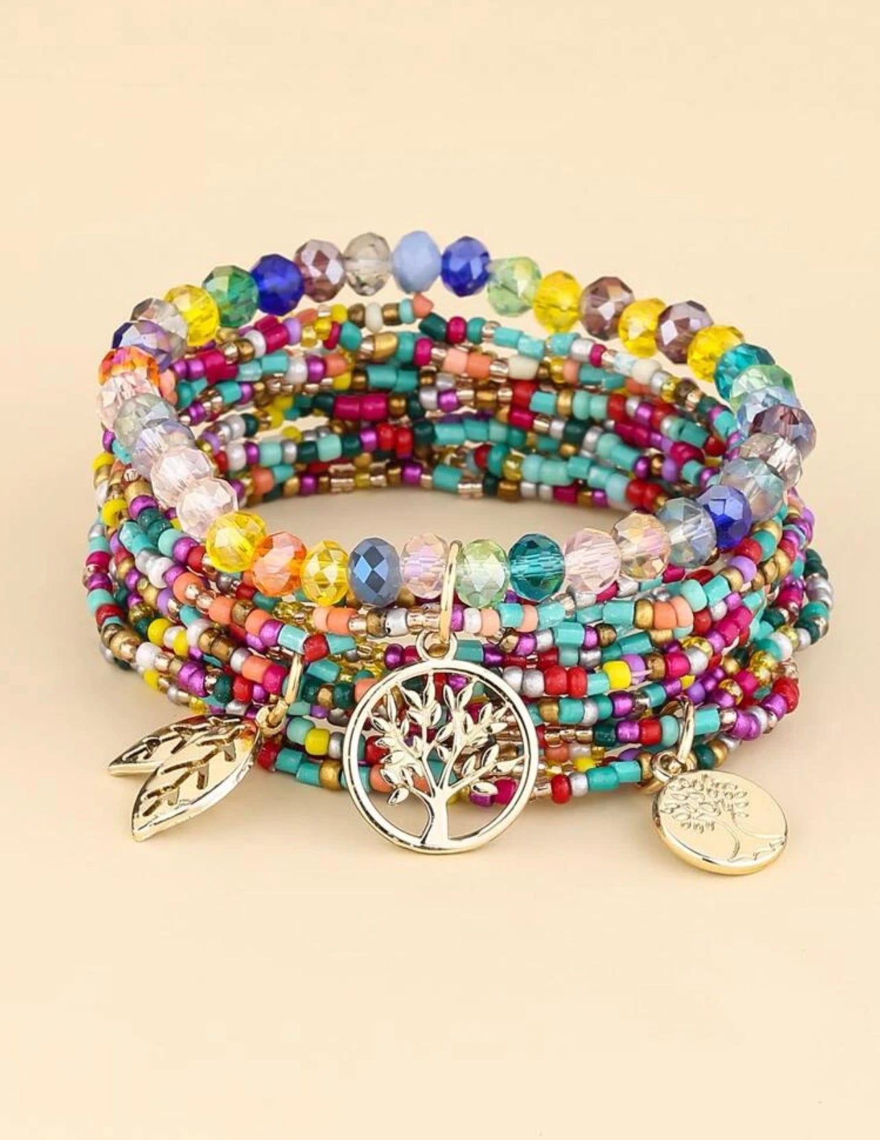 🍃🍂Adorn Your Wrist with Nature's Vibrant Elegance: Introducing Our 3pcs Leaf Charm Colourful Beaded Bracelet Set!🍂🍃