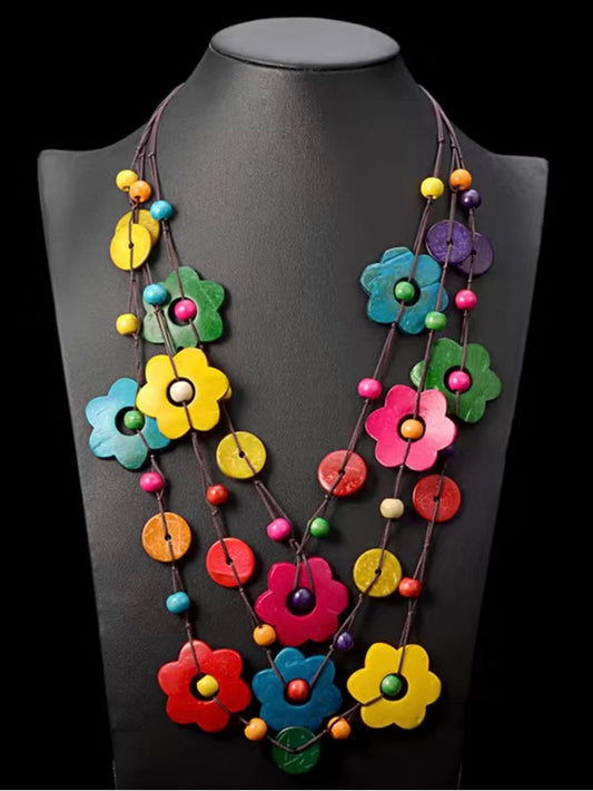 🌺🌼🌹Bloom with Boho Beauty: Introducing Our Handmade Multilayer Wooden Flower Necklace!🌹🌼🌺