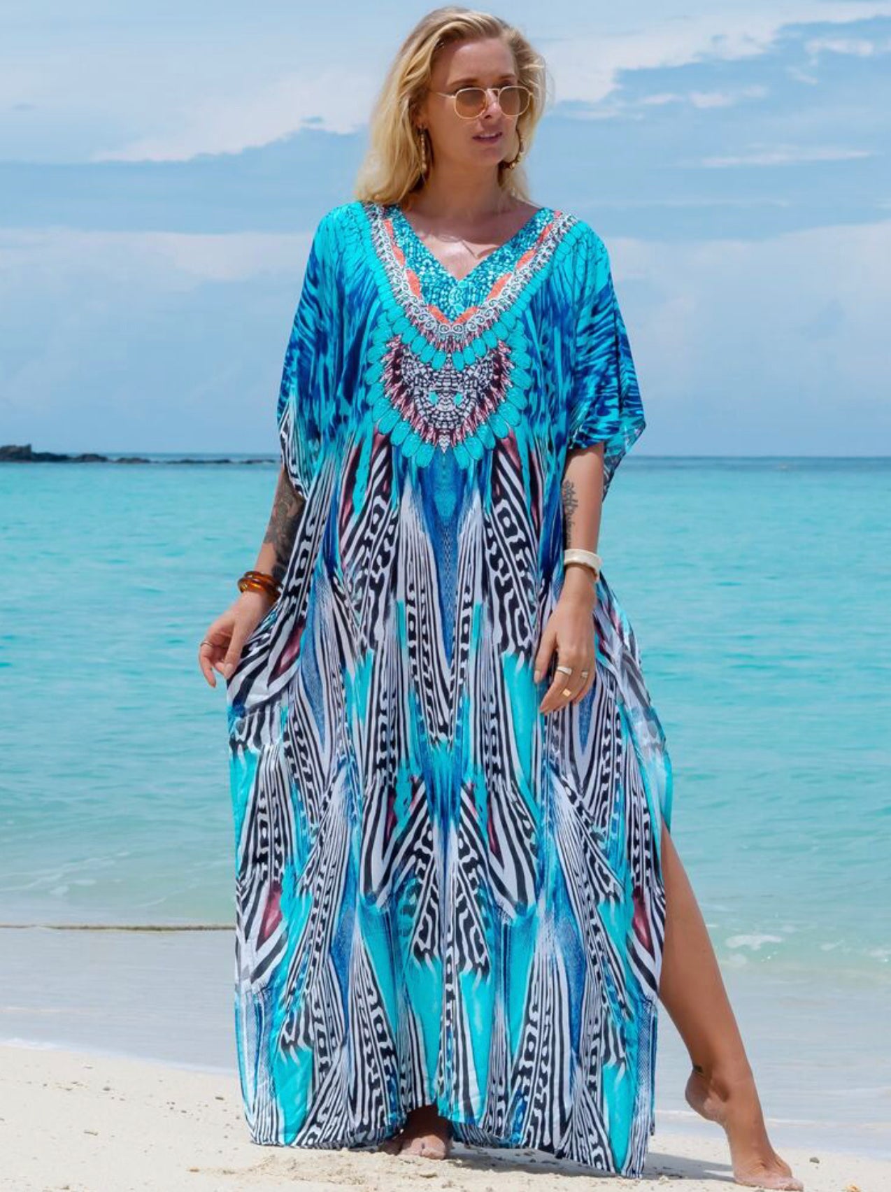 Tropical Print Caftan Batwing Sleeve Split Thigh Cover Up Dress
