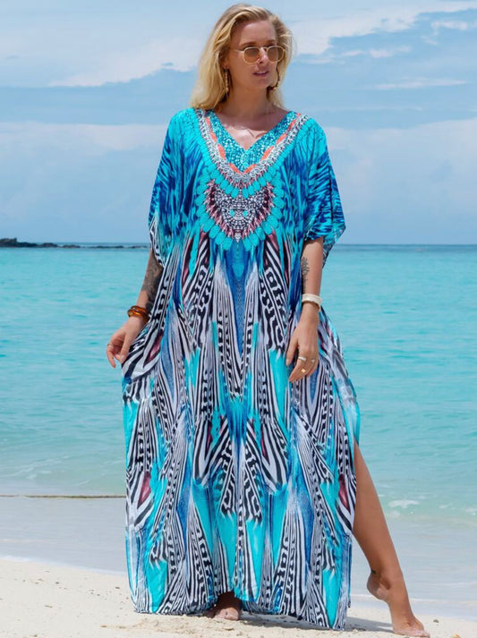Tropical Print Caftan Batwing Sleeve Split Thigh Cover Up Dress