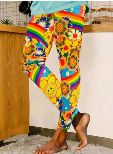 Floral & Rainbow Print Leggings – Casual, Stretchy, All-Season Comfort