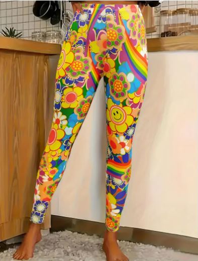 Floral & Rainbow Print Leggings – Casual, Stretchy, All-Season Comfort