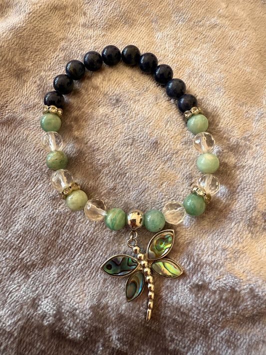 Handmade Blue & Green Beaded Bracelet with Dragonfly Charm ✨🌿