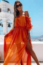 Introducing our stunning Long, Light-Fitting Off-Shoulder Dress in a vibrant orange that captures the warmth of an Australian sunset