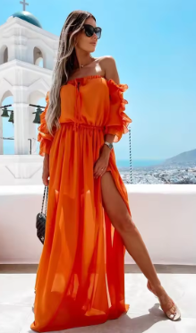 Bathe in the Vibrancy - Introducing Our Radiant Orange Off-Shoulder Dress! 🧡☀️✨