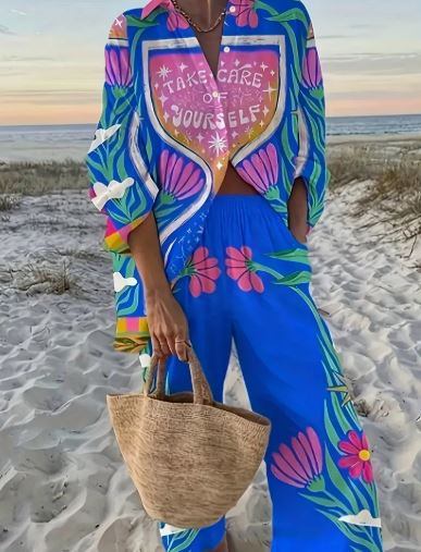 [Vacation Style Set] Floral Print Women’s Empowerment Long Sleeve Shirt & Pants Set