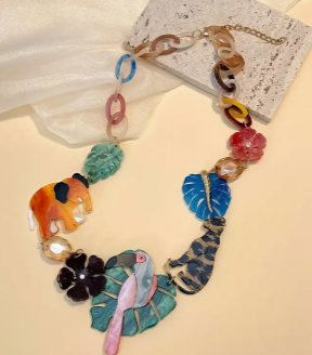 Vibrant Jungle Animal Resin Acrylic Statement Necklace