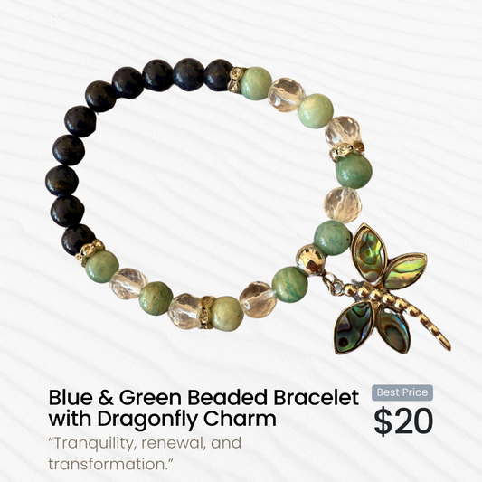 Handmade Blue & Green Beaded Bracelet with Dragonfly Charm ✨🌿