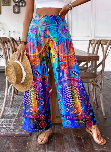 Women's Elegant Wide Leg Pants – Vibrant Drawing Print, Casual Everyday Comfort
