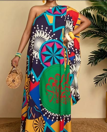 One-Shoulder South African Maxi Dress – Vibrant Starry Sky & Sun Print