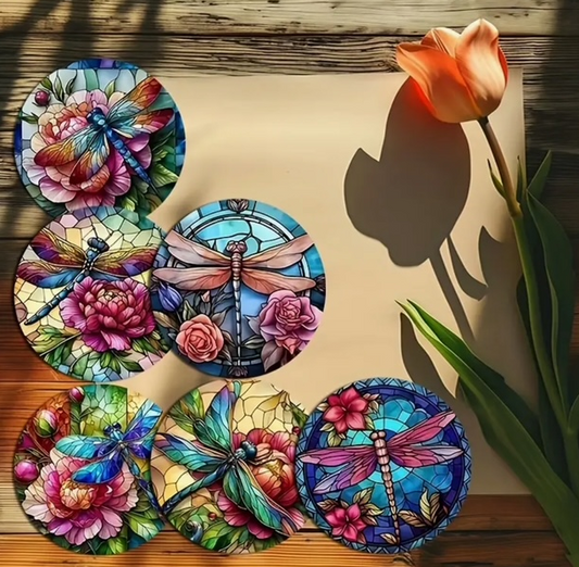 Set of 6 Dragonfly-Inspired Coasters – A Touch of Nature’s Magic