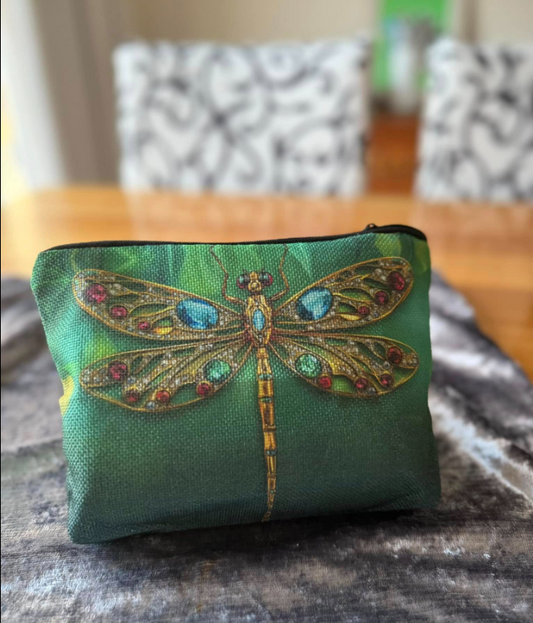 Emerald Sparkle: Chic Green Gem Dragonfly Cosmetic Bag