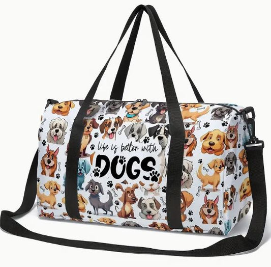 🐾 Life Is Better with Dogs – Cute Dog Print Duffel Bag 🐾
