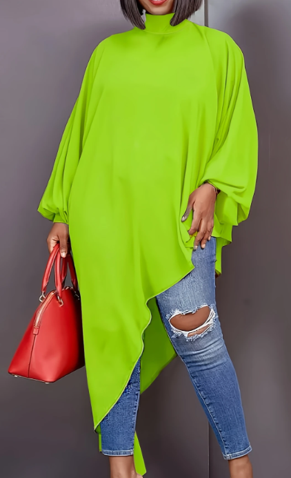 Elegant Top - Stunning Asymmetrical Hem! ✨ Mock neck, batwing sleeves, chic high-low design. Non-sheer, perfect for any season
