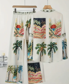 🌸Elegant floral print button-up shirt and pants set! 🌸