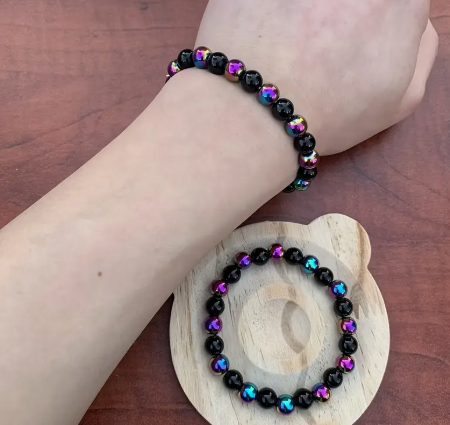 ✨ Bohemian 8mm Rainbow Obsidian & Black Agate Bead Bracelet – Handmade Unisex Jewelry ✨